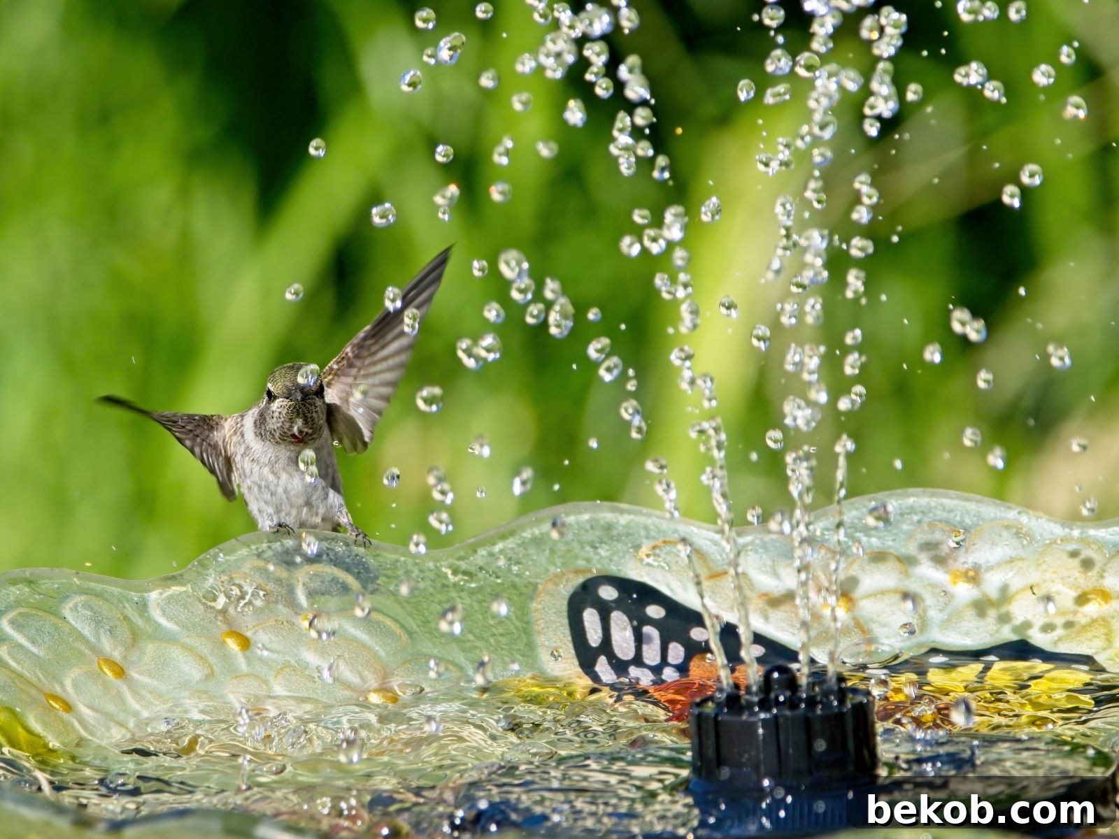 A charming homemade bird bath enhanced with a solar-powered fountain, creating gentle ripples.